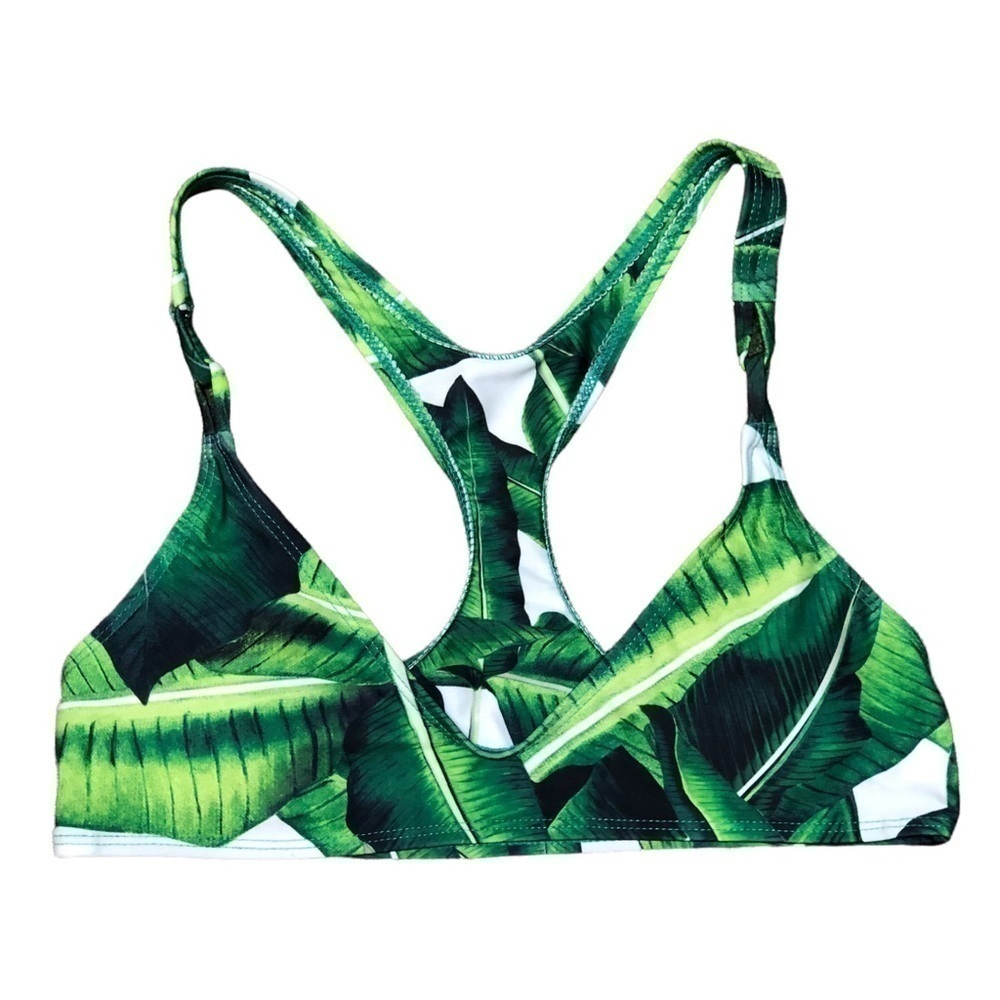 NEW - Racerback V-Neck Bikini Top Green & White Tropical Palm Print - Size Small